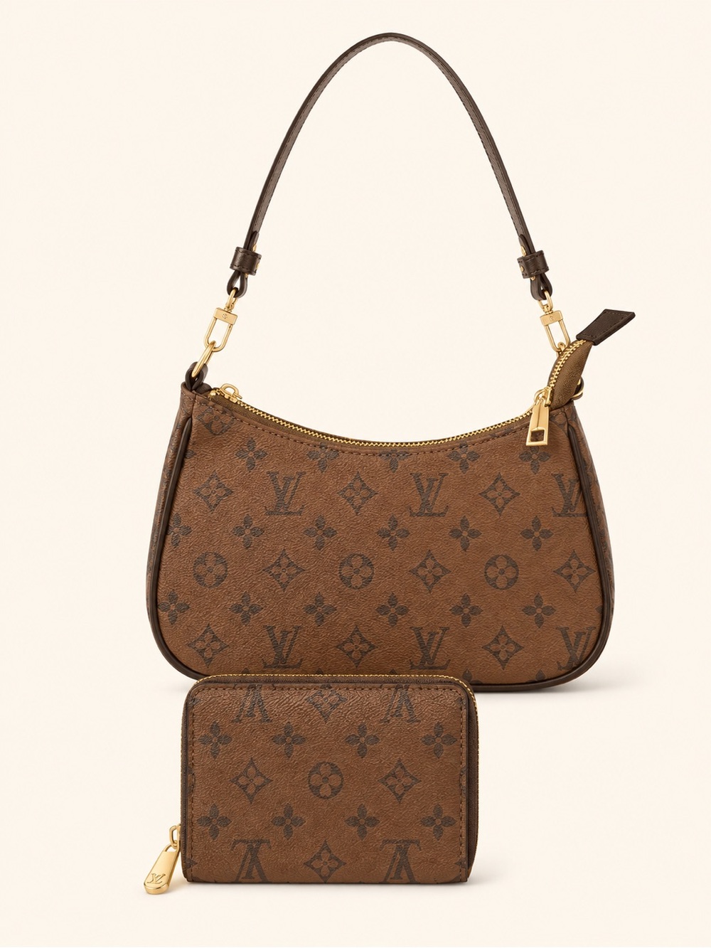 Louis Vuitton Brown Monogram Canvas Shoulder Bag with Zip Wallet Set